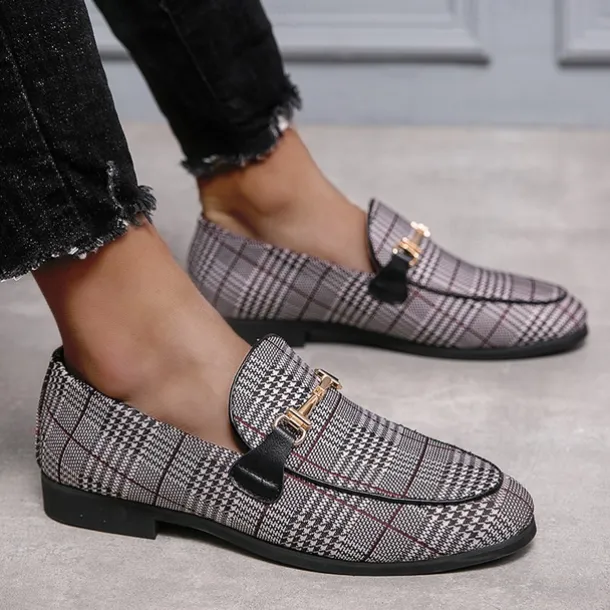 Men's Plaid Fabric Loafers with Metal Buckle – Stylish Slip-On Shoes for Business, Weddings, and Smart-Casual Outfits