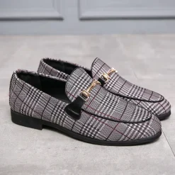 Men's Plaid Fabric Loafers with Metal Buckle – Stylish Slip-On Shoes for Business, Weddings, and Smart-Casual Outfits