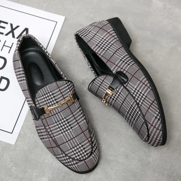 Men's Plaid Fabric Loafers with Metal Buckle – Stylish Slip-On Shoes for Business, Weddings, and Smart-Casual Outfits
