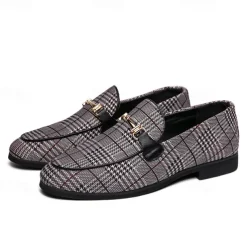 Men's Plaid Fabric Loafers with Metal Buckle – Stylish Slip-On Shoes for Business, Weddings, and Smart-Casual Outfits