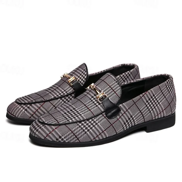 Men's Plaid Fabric Loafers with Metal Buckle – Stylish Slip-On Shoes for Business, Weddings, and Smart-Casual Outfits