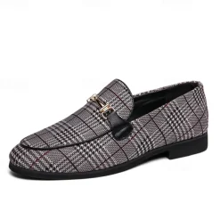 Men's Plaid Fabric Loafers with Metal Buckle – Stylish Slip-On Shoes for Business, Weddings, and Smart-Casual Outfits