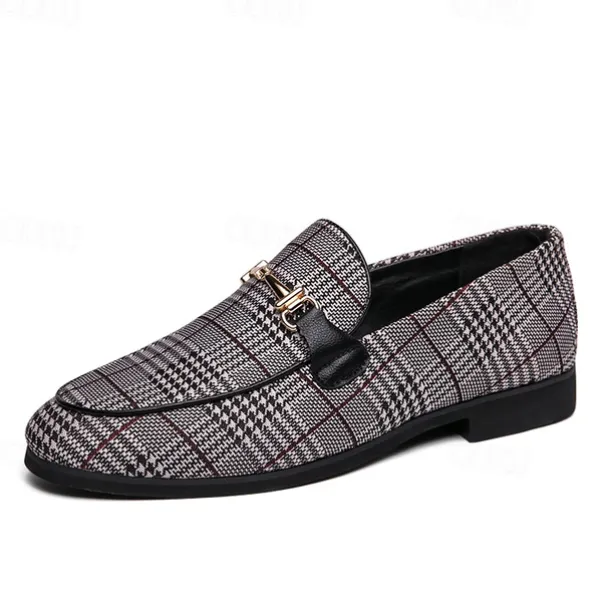Men's Plaid Fabric Loafers with Metal Buckle – Stylish Slip-On Shoes for Business, Weddings, and Smart-Casual Outfits