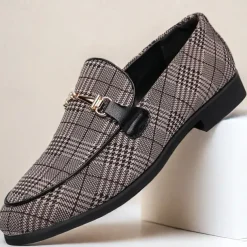 Men's Plaid Fabric Loafers with Metal Buckle – Stylish Slip-On Shoes for Business, Weddings, and Smart-Casual Outfits