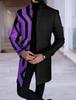 Men's Plaid Geometry Winter Coat Overcoat Coat Warm Breathable Comfortable Fashion Streetwear Business Work Wear to work Going out Pocket Print Fall & Winter Turndown Long Sleeve Blue Purple khaki