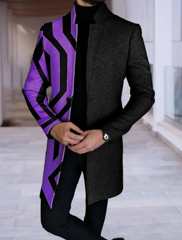 Men's Plaid Geometry Winter Coat Overcoat Coat Warm Breathable Comfortable Fashion Streetwear Business Work Wear to work Going out Pocket Print Fall & Winter Turndown Long Sleeve Blue Purple khaki