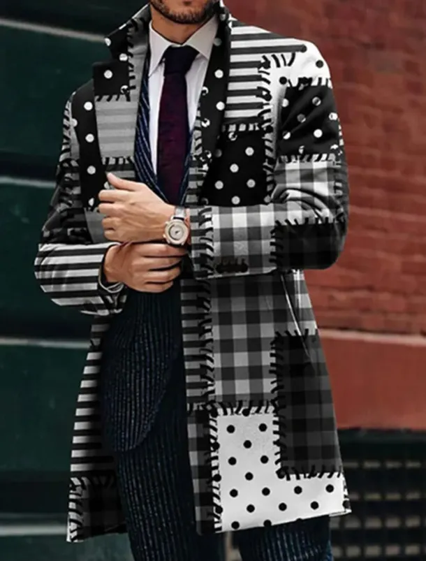 Men's Plaid Geometry Winter Coat Overcoat Coat Warm Breathable Comfortable Business Work Wear to work Going out Pocket Print Fall & Winter Turndown Long Sleeve Black Blue Purple