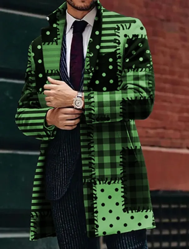 Men's Plaid Geometry Winter Coat Overcoat Coat Warm Breathable Comfortable Business Work Wear to work Going out Pocket Print Fall & Winter Turndown Long Sleeve Black Blue Purple