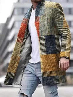 Men's Plaid Geometry Winter Coat Overcoat Coat Warm Breathable Comfortable Business Casual Work Wear to work Going out Pocket Print Fall & Winter Stand Collar Long Sleeve Yellow Blue
