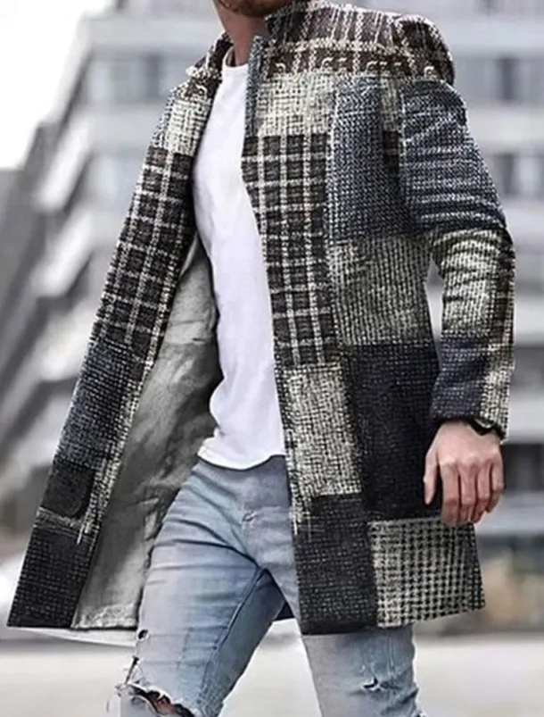 Men's Plaid Geometry Winter Coat Overcoat Coat Warm Breathable Comfortable Business Casual Work Wear to work Going out Pocket Print Fall & Winter Stand Collar Long Sleeve Yellow Blue