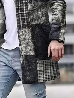 Men's Plaid Geometry Winter Coat Overcoat Coat Warm Breathable Comfortable Business Casual Work Wear to work Going out Pocket Print Fall & Winter Stand Collar Long Sleeve Yellow Blue