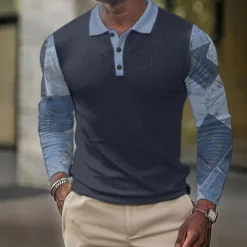 Men's Plaid Golf Shirt Long Sleeve Polo Shirts Collared Shirts Vintage Casual Vacation Wear Formal Wear Festival Wear Buttons 3D Print Fall & Winter Black Dark Navy Blue