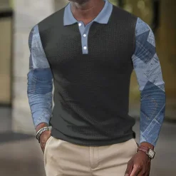 Men's Plaid Golf Shirt Long Sleeve Polo Shirts Collared Shirts Vintage Casual Vacation Wear Formal Wear Festival Wear Buttons 3D Print Fall & Winter Black Dark Navy Blue