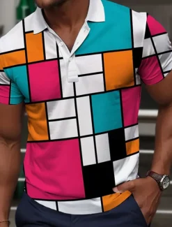 Men's Plaid Golf Shirt Short Sleeve Polo Shirts Collared Shirts Vintage Casual Vacation Wear Formal Wear Festival Wear Buttons 3D Print Summer Pink Red Blue