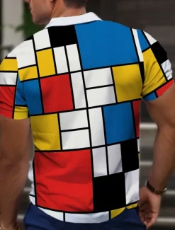 Men's Plaid Golf Shirt Short Sleeve Polo Shirts Collared Shirts Vintage Casual Vacation Wear Formal Wear Festival Wear Buttons 3D Print Summer Pink Red Blue