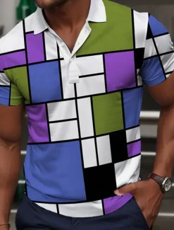 Men's Plaid Golf Shirt Short Sleeve Polo Shirts Collared Shirts Vintage Casual Vacation Wear Formal Wear Festival Wear Buttons 3D Print Summer Pink Red Blue