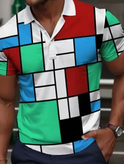 Men's Plaid Golf Shirt Short Sleeve Polo Shirts Collared Shirts Vintage Casual Vacation Wear Formal Wear Festival Wear Buttons 3D Print Summer Pink Red Blue