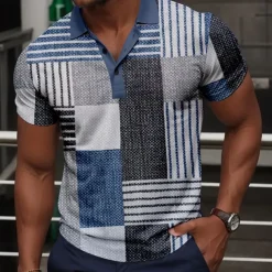 Men's Plaid Golf Shirt Short Sleeve Polo Shirts Collared Shirts Vintage Casual Vacation Wear Formal Wear Festival Wear Buttons 3D Print Summer Red Blue Green