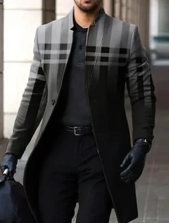 Men's Plaid Gradual Winter Coat Overcoat Coat Warm Breathable Comfortable Fashion Streetwear Business Work Wear to work Going out Pocket Print Fall & Winter Turndown Long Sleeve Gray