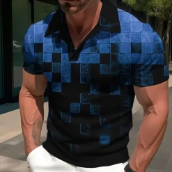 Men's Plaid Graphic Prints Geometry Polo Shirt Golf Shirt Short Sleeves Shirt Cuban Collar Outdoor Street Yellow Red Blue Sky Blue Purple Print Clothing Apparel Fashion Designer Casual Breathable