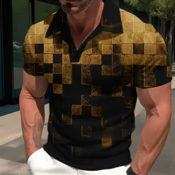 Men's Plaid Graphic Prints Geometry Polo Shirt Golf Shirt Short Sleeves Shirt Cuban Collar Outdoor Street Yellow Red Blue Sky Blue Purple Print Clothing Apparel Fashion Designer Casual Breathable