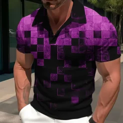 Men's Plaid Graphic Prints Geometry Polo Shirt Golf Shirt Short Sleeves Shirt Cuban Collar Outdoor Street Yellow Red Blue Sky Blue Purple Print Clothing Apparel Fashion Designer Casual Breathable