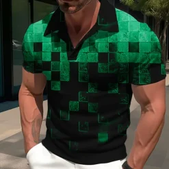 Men's Plaid Graphic Prints Geometry Polo Shirt Golf Shirt Short Sleeves Shirt Cuban Collar Outdoor Street Yellow Red Blue Sky Blue Purple Print Clothing Apparel Fashion Designer Casual Breathable