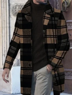 Men's Plaid Graphic Prints Winter Coat Overcoat Coat Warm Breathable Comfortable Fashion Streetwear Business Work Wear to work Going out Pocket Print Fall & Winter Turndown Long Sleeve Yellow Blue