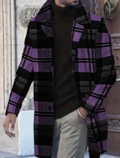 Men's Plaid Graphic Prints Winter Coat Overcoat Coat Warm Breathable Comfortable Fashion Streetwear Business Work Wear to work Going out Pocket Print Fall & Winter Turndown Long Sleeve Yellow Blue