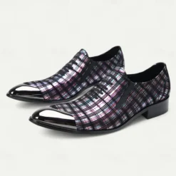 Men's Plaid Leather Lace-Up Oxford Shoes–100% Premium Cowhide with Gold Tip Glossy Toe Cap for Formal Events and Business Wear