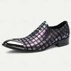 Men's Plaid Leather Lace-Up Oxford Shoes–100% Premium Cowhide with Gold Tip Glossy Toe Cap for Formal Events and Business Wear