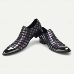 Men's Plaid Leather Lace-Up Oxford Shoes–100% Premium Cowhide with Gold Tip Glossy Toe Cap for Formal Events and Business Wear