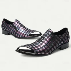 Men's Plaid Leather Lace-Up Oxford Shoes–100% Premium Cowhide with Gold Tip Glossy Toe Cap for Formal Events and Business Wear