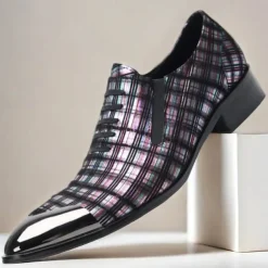 Men's Plaid Leather Lace-Up Oxford Shoes–100% Premium Cowhide with Gold Tip Glossy Toe Cap for Formal Events and Business Wear