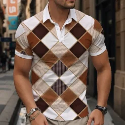 Men's Plaid Polo Shirts Golf Shirt Short Sleeve Polo Shirts Collared Shirts Vintage Casual Vacation Wear Formal Wear Festival Wear Buttons 3D Print Spring & Summer Blue Green Khaki