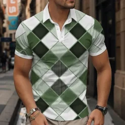 Men's Plaid Polo Shirts Golf Shirt Short Sleeve Polo Shirts Collared Shirts Vintage Casual Vacation Wear Formal Wear Festival Wear Buttons 3D Print Spring & Summer Blue Green Khaki