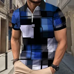 Men's Plaid Polo Shirts Zip Polo Short Sleeve Polo Shirts Collar Casual Formal Vacation Dailywear 3D Print Summer Spring Black Yellow Red