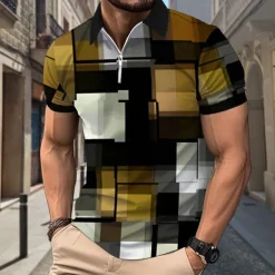 Men's Plaid Polo Shirts Zip Polo Short Sleeve Polo Shirts Collar Casual Formal Vacation Dailywear 3D Print Summer Spring Black Yellow Red