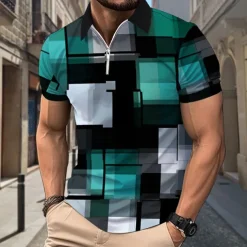 Men's Plaid Polo Shirts Zip Polo Short Sleeve Polo Shirts Collar Casual Formal Vacation Dailywear 3D Print Summer Spring Black Yellow Red