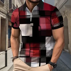 Men's Plaid Polo Shirts Zip Polo Short Sleeve Polo Shirts Collar Casual Formal Vacation Dailywear 3D Print Summer Spring Black Yellow Red
