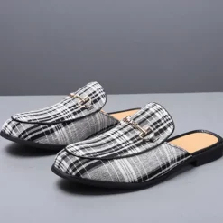 Men's Plaid Slip-On Loafers – Lightweight Casual Mules with Metal Bit Detail for Business, Office and Smart-Casual Occasions
