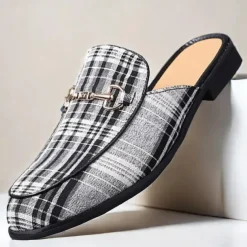 Men's Plaid Slip-On Loafers – Lightweight Casual Mules with Metal Bit Detail for Business, Office and Smart-Casual Occasions