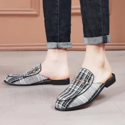 Men's Plaid Slip-On Loafers – Lightweight Casual Mules with Metal Bit Detail for Business, Office and Smart-Casual Occasions