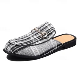 Men's Plaid Slip-On Loafers – Lightweight Casual Mules with Metal Bit Detail for Business, Office and Smart-Casual Occasions