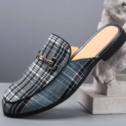 Men's Plaid Slip-On Loafers – Lightweight Casual Mules with Metal Bit Detail for Business, Office and Smart-Casual Occasions