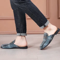Men's Plaid Slip-On Loafers – Lightweight Casual Mules with Metal Bit Detail for Business, Office and Smart-Casual Occasions