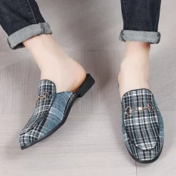 Men's Plaid Slip-On Loafers – Lightweight Casual Mules with Metal Bit Detail for Business, Office and Smart-Casual Occasions