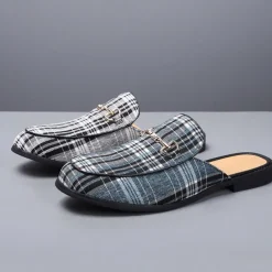 Men's Plaid Slip-On Loafers – Lightweight Casual Mules with Metal Bit Detail for Business, Office and Smart-Casual Occasions