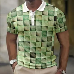 Men's Plaid Waffle Polo Shirts Golf Shirt Short Sleeve Polo Shirts Collared Shirts Casual Vacation Wear Formal Wear Festival Wear Buttons 3D Print Pink Blue Brown