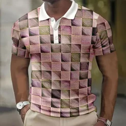 Men's Plaid Waffle Polo Shirts Golf Shirt Short Sleeve Polo Shirts Collared Shirts Casual Vacation Wear Formal Wear Festival Wear Buttons 3D Print Pink Blue Brown